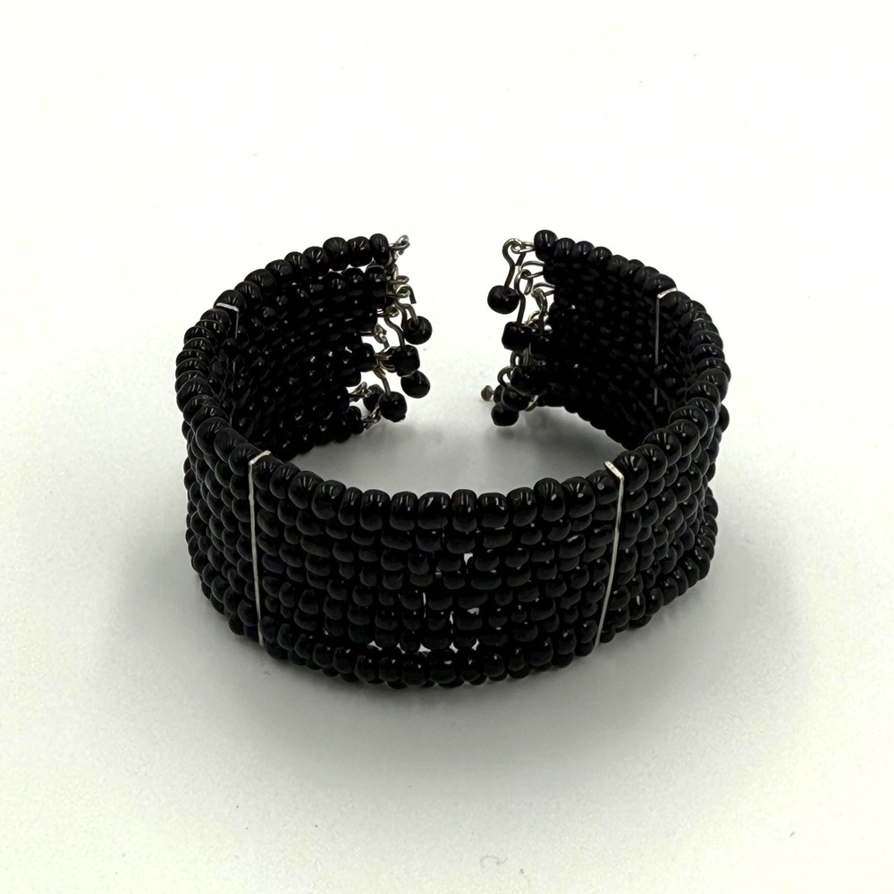 Vintage Black Beaded Cuff Bracelet Wide Statement Open Back